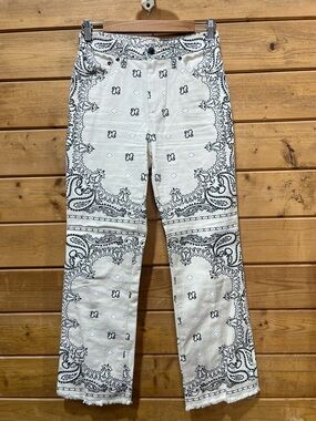 Tory Burch Ivory Bandana Print Bootcut Jeans Frayed Hem Boho Western 26